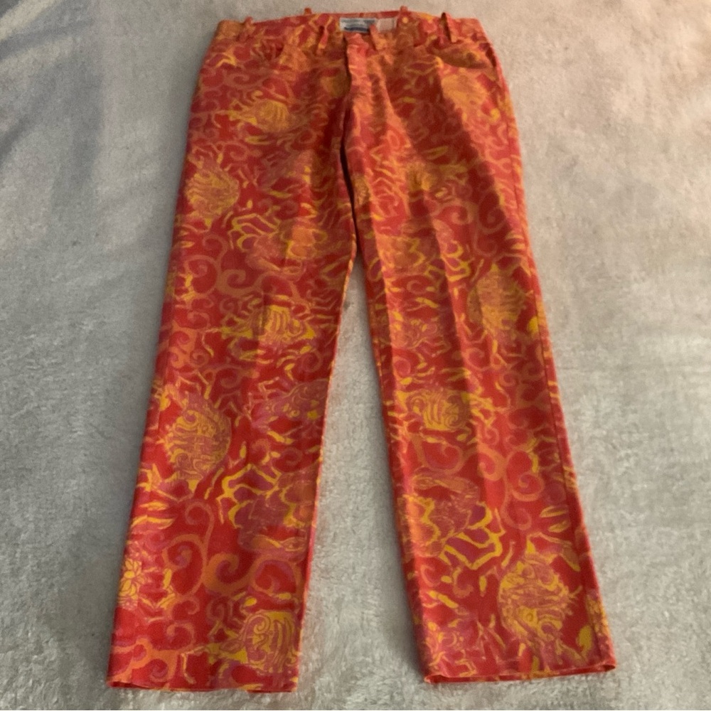 Vintage ‘70’s, Lilly Pulitzer, 5 Pocket Jean. Paisley: Orange, Pink, Yellow.